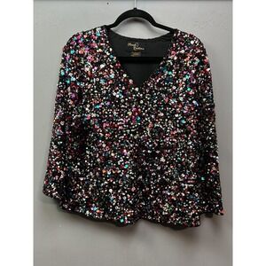 Classic Creations Shirt Womens 1X Black Multicolor Sequin Beaded Party Top